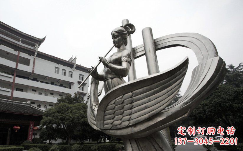 青海古典美女不锈钢吹笛子雕塑