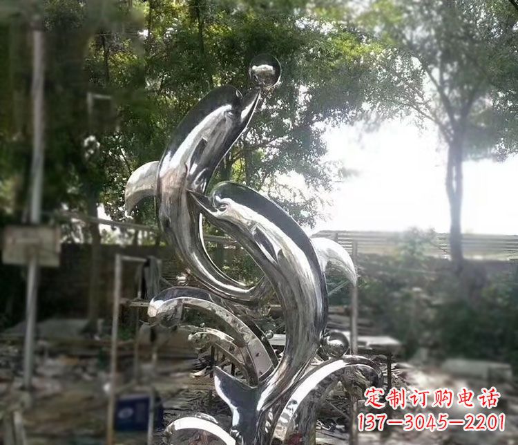 青海不锈钢海豚顶球雕塑