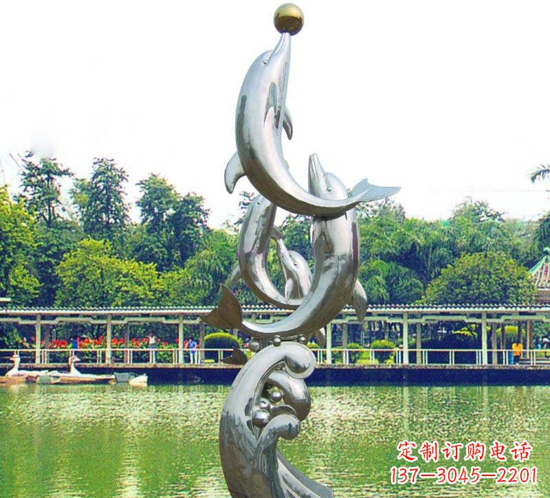 青海不锈钢海豚戏球动物雕塑