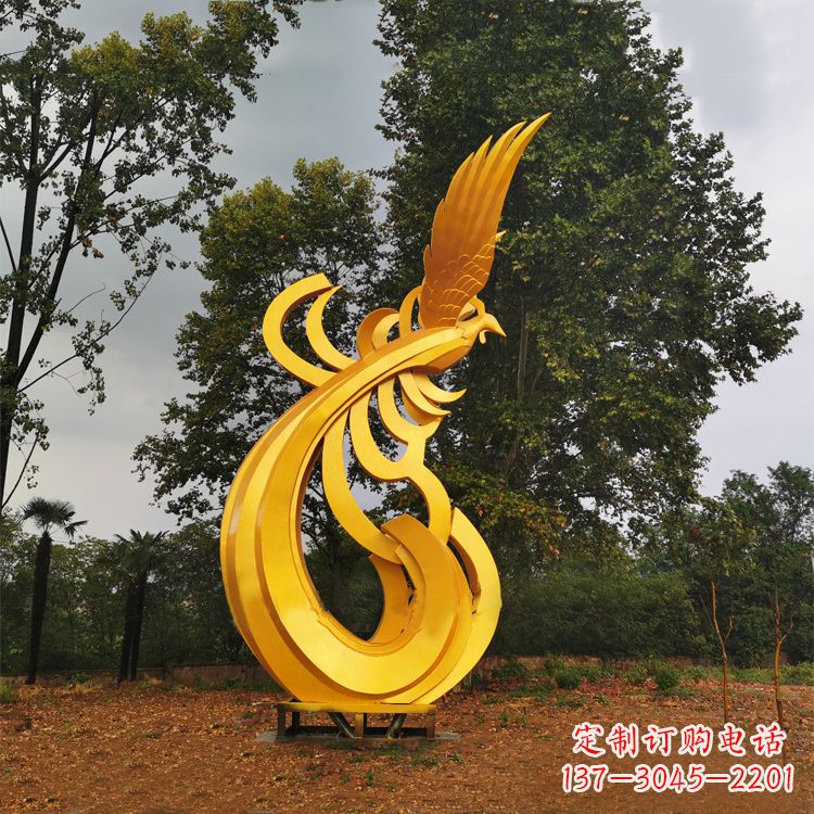 青海不锈钢漆金凤凰雕塑-黄金色园林动物景观雕塑