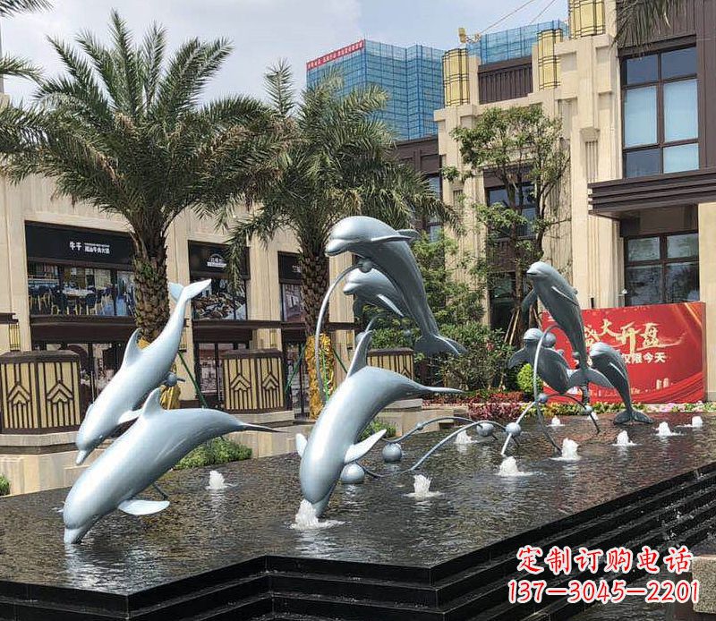 青海不锈钢小区海豚跳跃喷泉雕塑