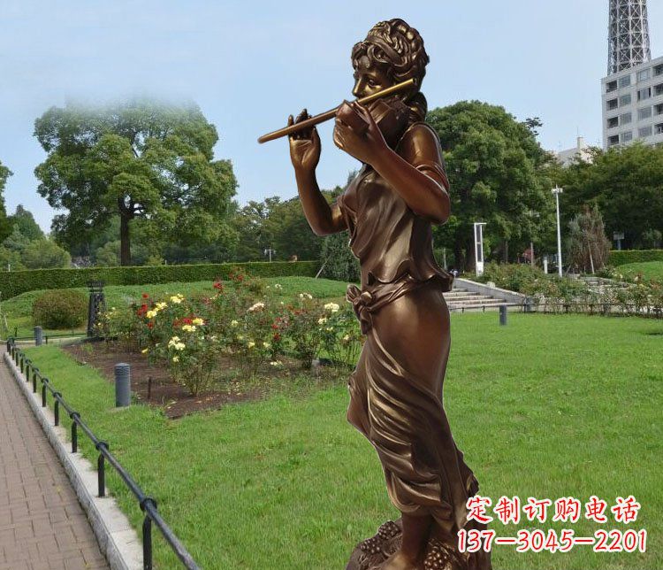 青海吹笛子的美女城市花园景观玻璃钢仿铜雕塑