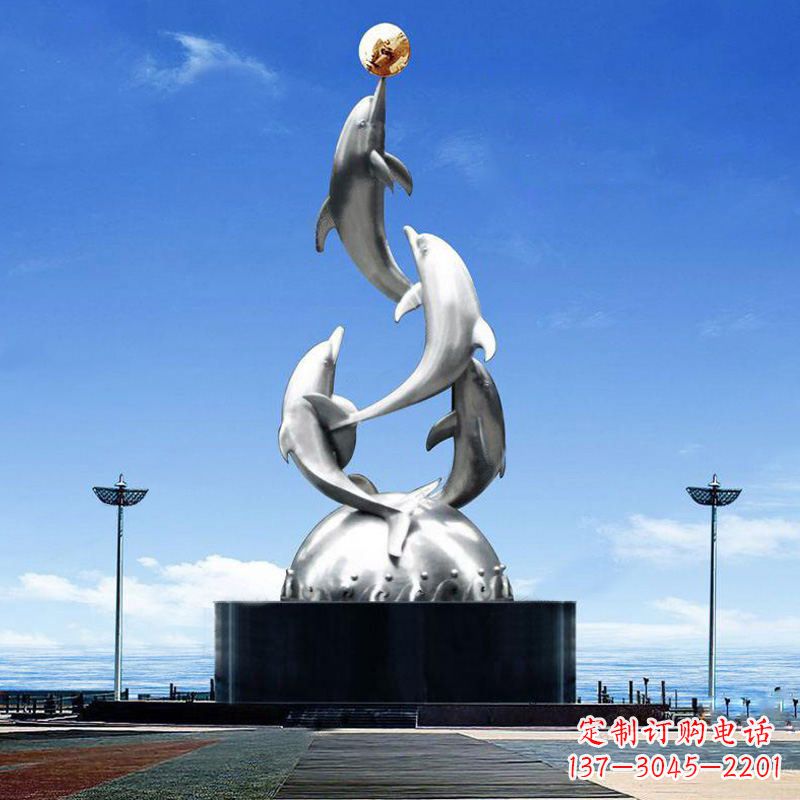 青海大型不锈钢海豚雕塑-学校文化动物景观雕塑