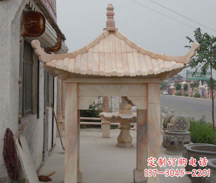 青海精美红六角石凉亭雕塑