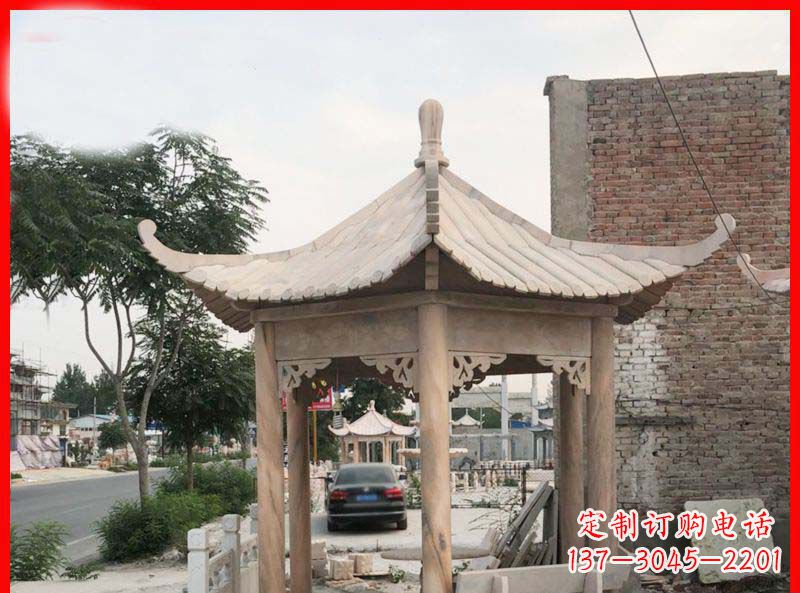 青海公园晚霞红六角石凉亭雕塑