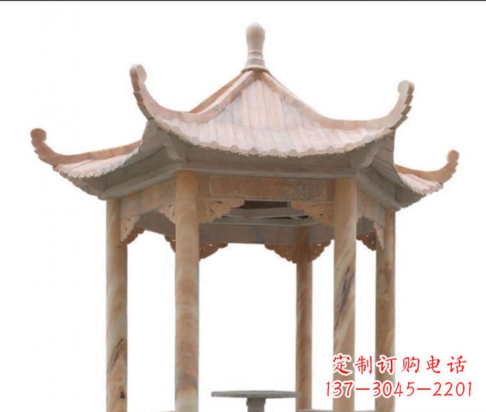 青海美丽而优雅的公园晚霞红六角石凉亭雕塑