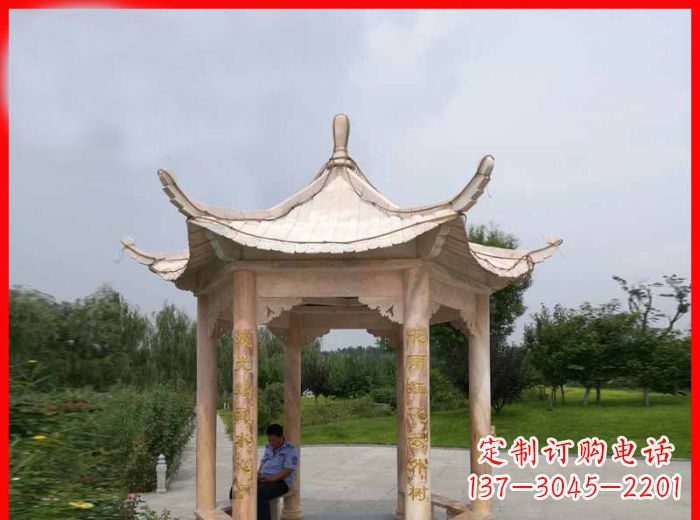 青海晚霞红六角石凉亭雕塑