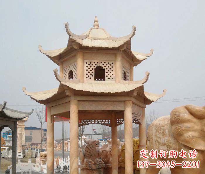 青海红双层六角石凉亭雕塑