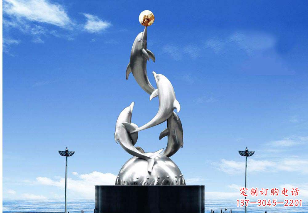 青海广场不锈钢海豚顶球雕塑