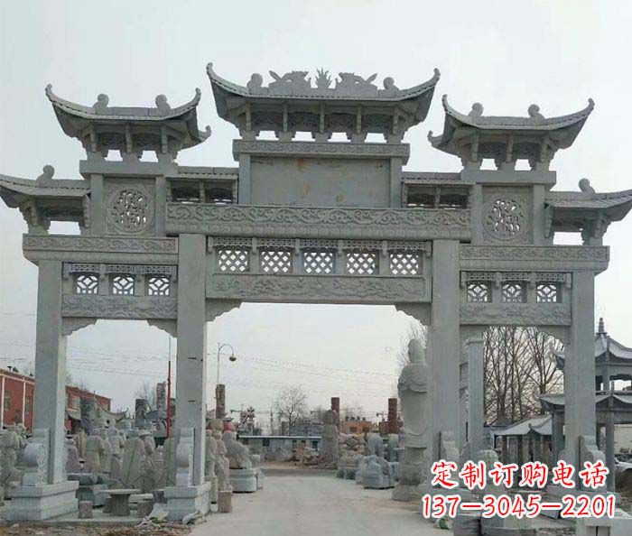 青海三门牌坊石雕,精美汉风石雕装饰景区