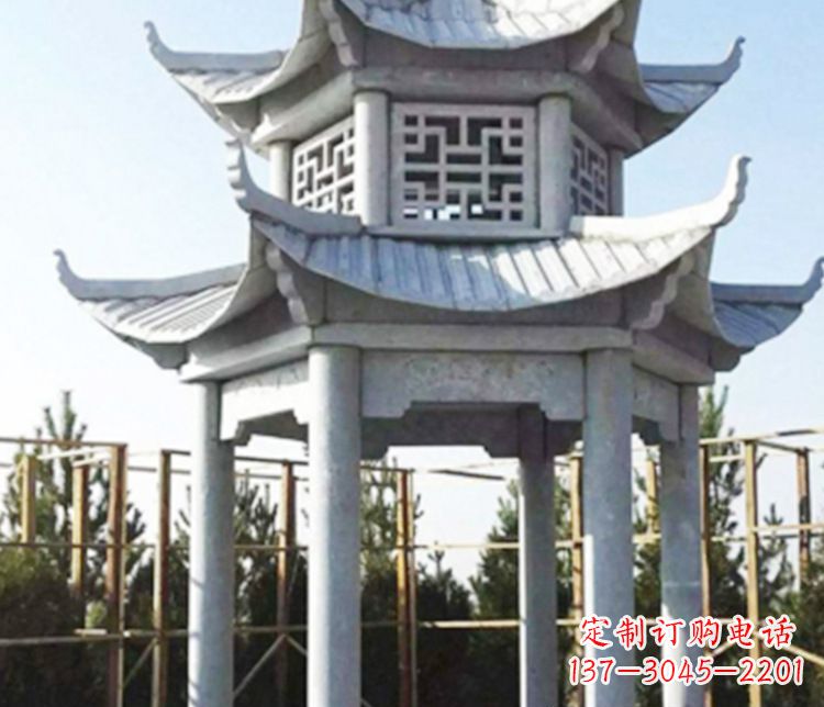 青海双层仿古石凉亭石雕_2