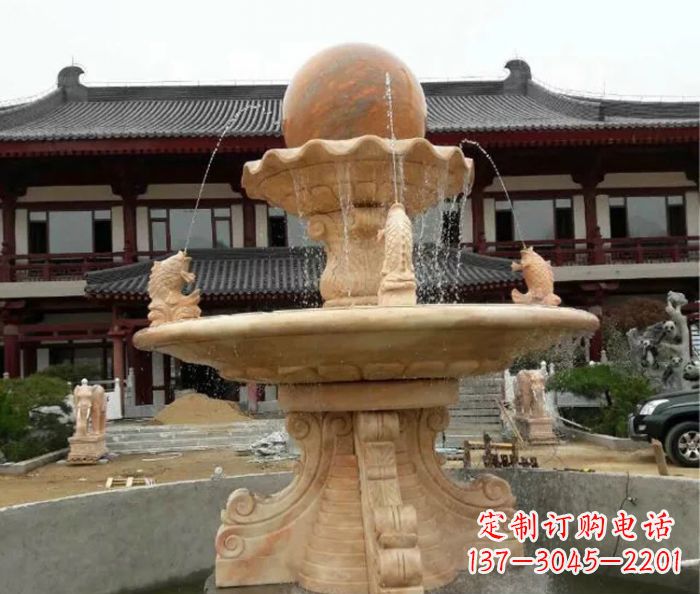青海双层风水球喷泉晚霞红石雕