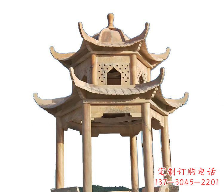 青海双层晚霞红凉亭石雕 (2)