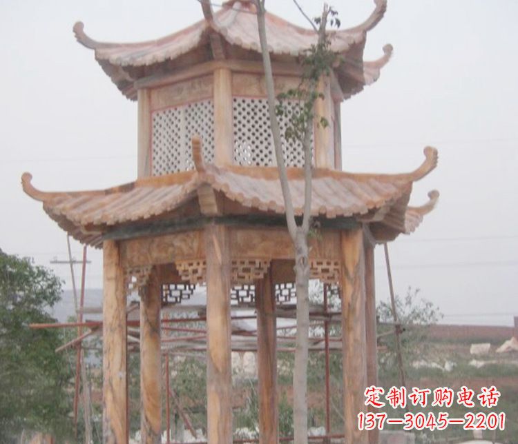 青海双层晚霞红石凉亭石雕 (2)