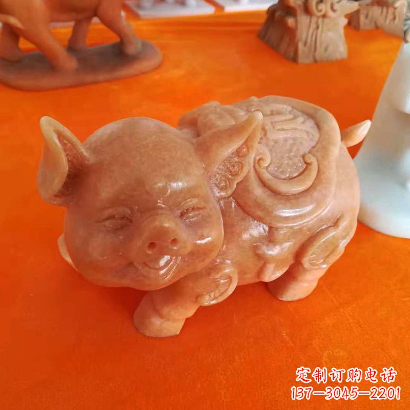 青海晚霞红大理石招财猪雕塑-企业商场创意生肖动物风水摆件