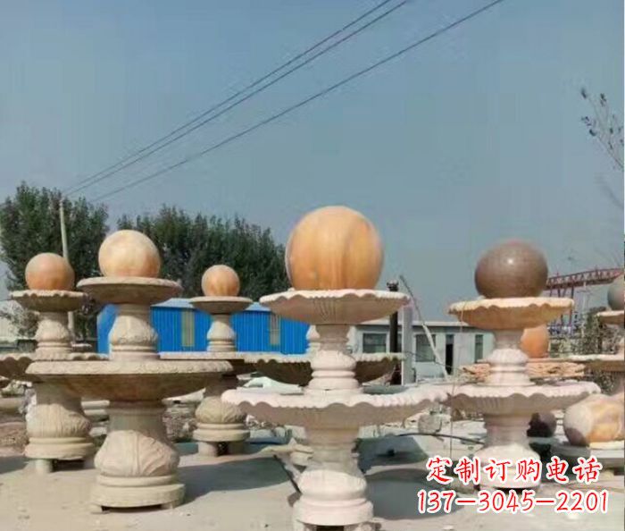 青海晚霞红多层风水球喷泉石雕