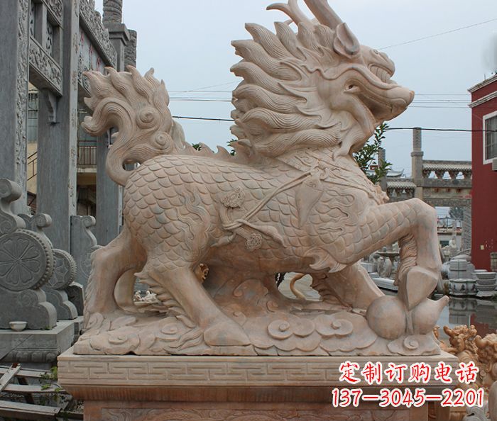 青海晚霞红古代神兽麒麟石雕