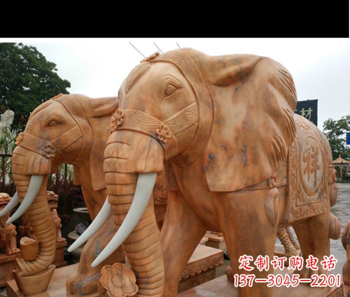 青海晚霞红吉祥如意门口镇宅招财大象石雕 (3)
