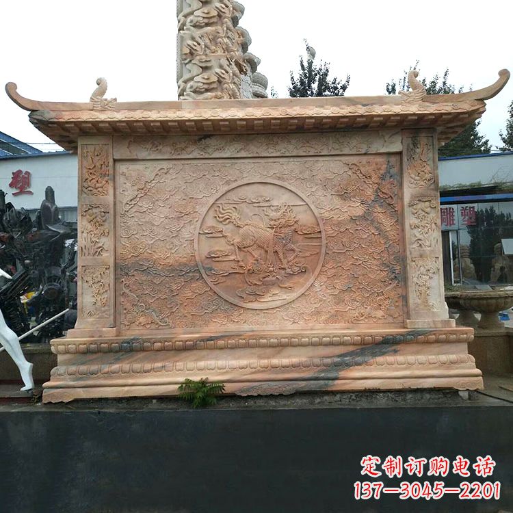 青海晚霞红麒麟影壁墙石雕
