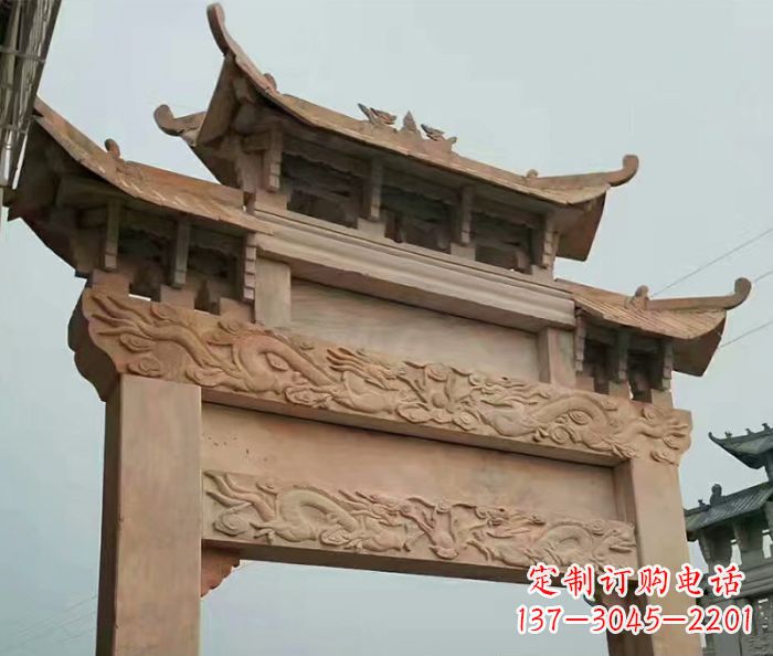 青海晚霞红石雕单门牌坊