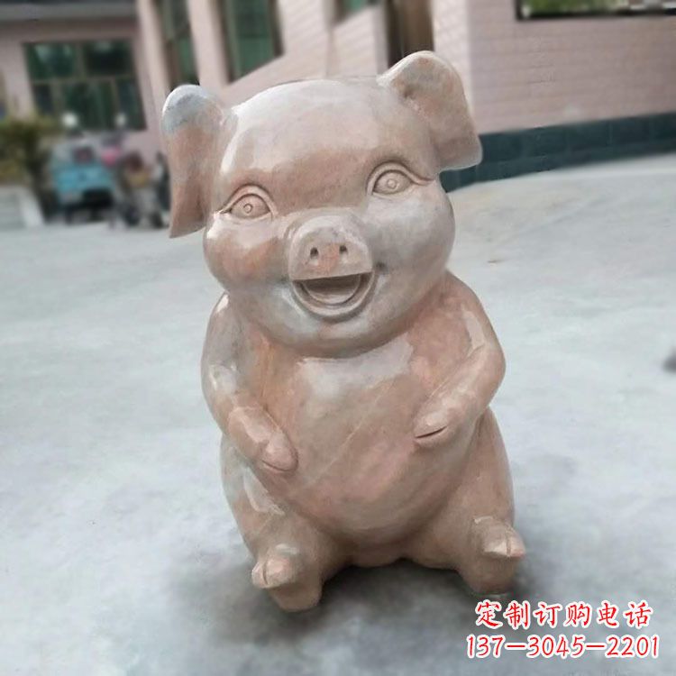 青海喜庆的石雕猪-晚霞红大理石生肖动物雕塑