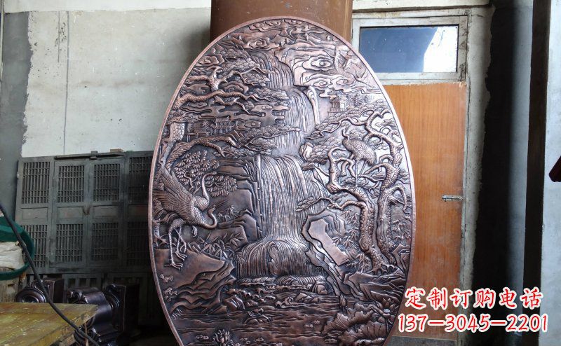 青海仙鹤松林瀑布古代园林景观铜浮雕