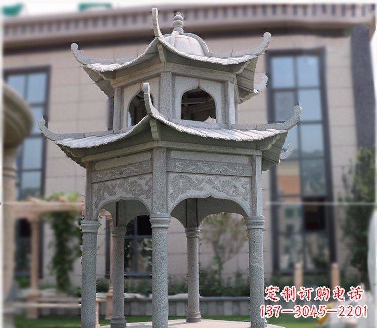 青海小区大理石六角石雕双层凉亭