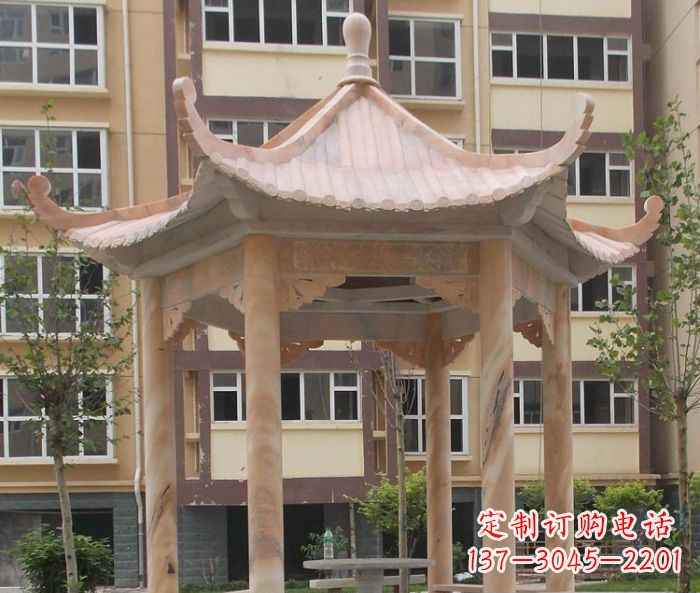 青海小区晚霞红六角凉亭石雕