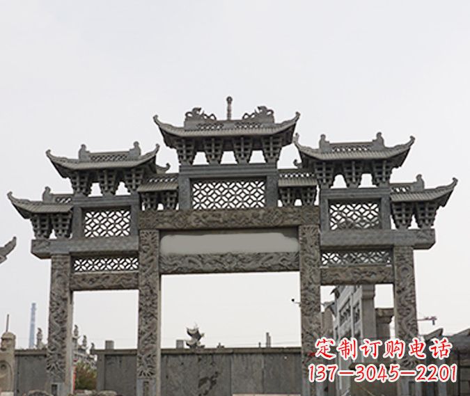 青海园林仿古三门牌坊石雕 (4)