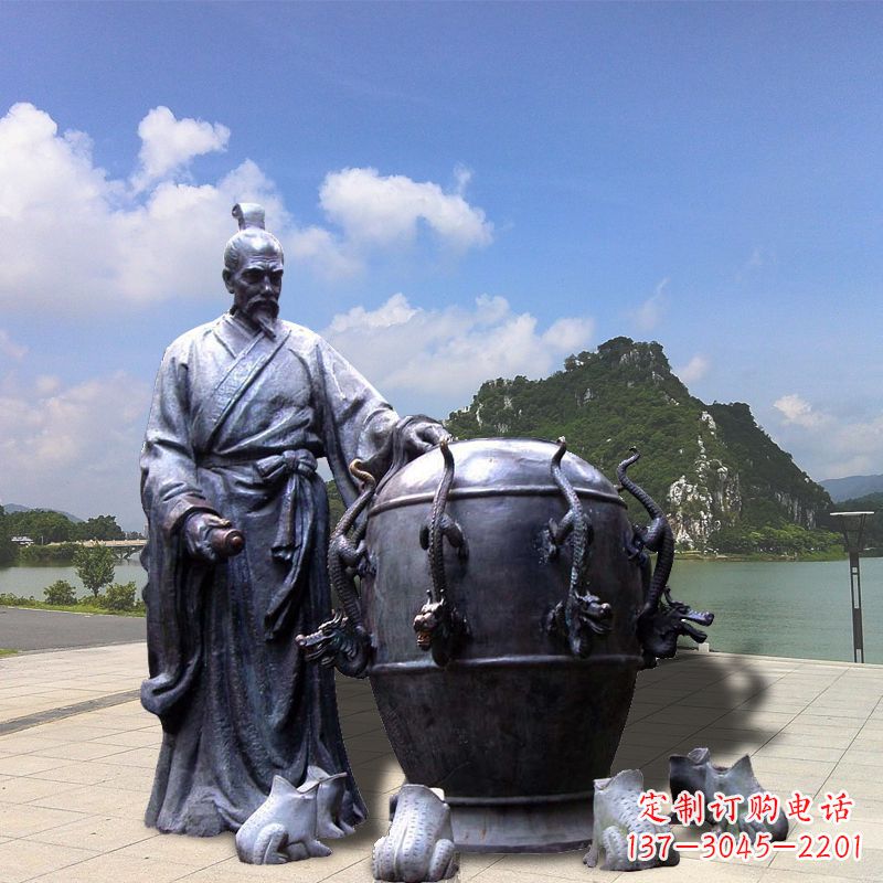 青海张衡地动仪地震仪雕塑-玻璃钢仿铜历史名人情景雕塑