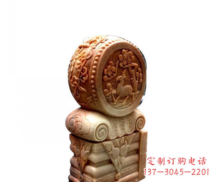 青海招财石门墩晚霞红抱鼓石
