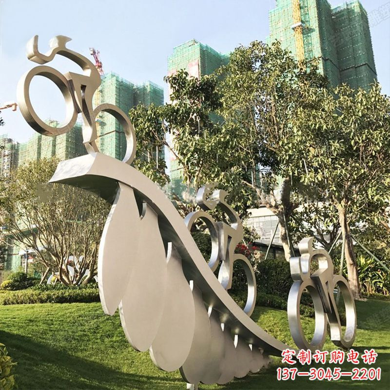 青海自行车雕塑-抽象不锈钢骑自行车人物景观雕塑